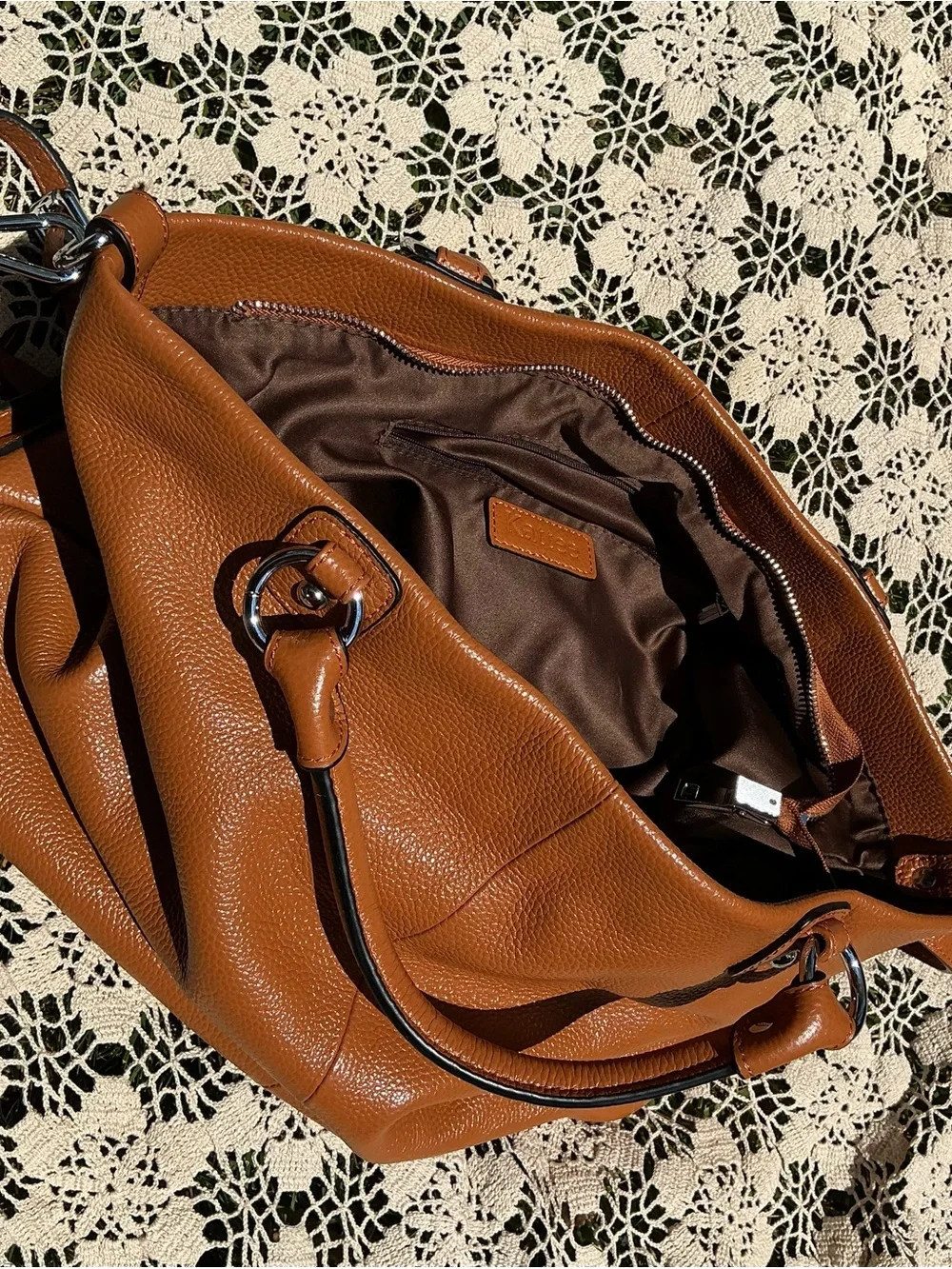 Kattee Genuine Leather Pebbled Tote Satchel Camel Brown Shoulder Crossbody Bag